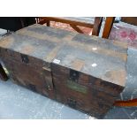 AN IRON BOUND OAK SILVER CHEST WITH BAIZE LINED COMPARTMENTAL INTERIOR