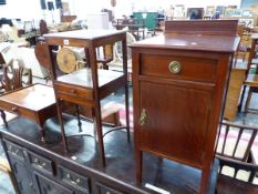 A GEORGE III AND LATER MAHOGANY TWO TIER WASH STAND, A MAHOGANY LOW TABLE WITH SINGLE DRAWER AND A