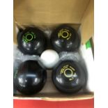 FOUR SNOOKER CUES, HALF SIZE POOL BALLS, BOWLING WOODS ETC.