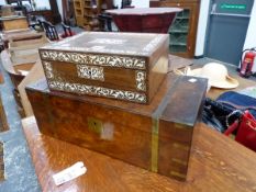 A 19th C. BRASS BOUND WALNUT WRITING SLOPE. W 50cms. TOGETHER WITH A WHITE INLAID ROSEWOOD WORK BOX.