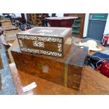 A 19th C. BRASS BOUND WALNUT WRITING SLOPE. W 50cms. TOGETHER WITH A WHITE INLAID ROSEWOOD WORK BOX.