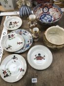 A ROYAL WORCESTER ROSE DECORATED BOWL, A VENETIAN GLASS FIGURE, IMARI BOWL AND PLATE, AND TWO HAND