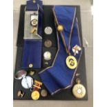 A VINTAGE MEDANA POCKET WATCH, VARIOUS MASONIC REGALIA, MEDALS, COMPASS, ETC.