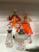 FOUR CUT GLASS MOUNTED SMALL SCENT BOTTLES, AND TWO ART GLASS HAND FORGED GLASS FIGURES.