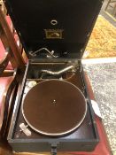 A HMV PORTABLE GRAMOPHONE MODEL 101, A LATE VERSION 1931, IN A BLACK CASE.