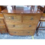 A 19th C. MAHOGANY BOW FRONT CHEST OF TWO SHORT AND TWO LONG DRAWERS ON BRACKET FEET. W 94 x D 51.