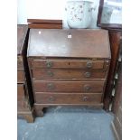 A GEORGE III MAHOGANY BUREAU, THE FALL ABOVE FOUR LONG DRAWERS AND BRACKET FEET. W 75 x D 40 x H