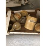 A QUANTITY OF VINTAGE POTTERY KITCHEN STORAGE JARS AND VARIOUS VINTAGE TABLE MATS.