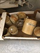 A QUANTITY OF VINTAGE POTTERY KITCHEN STORAGE JARS AND VARIOUS VINTAGE TABLE MATS.