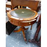 A 20th C. MAHOGANY DRUM TABLE, THE LEATHER INSET TOP OVER REAL AND CONCEIT DRAWERS, THE LEGS ON PAW