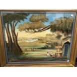 A LARGE WOOL WORK AND MIXED MEDIA 19th. C. RURAL SCENE IN A GLAZED GILT FRAME.