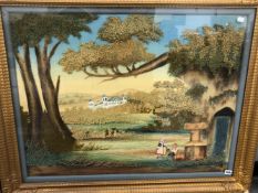 A LARGE WOOL WORK AND MIXED MEDIA 19th. C. RURAL SCENE IN A GLAZED GILT FRAME.