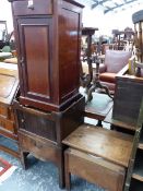 A GEORGE III MAHOGANY BEDSIDE TABLE. W 50 x D 44 x H 72cms. A MAHOGANY COMMODE TABLE AND AN
