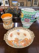 A CROWN DUCAL SHALLOW BOWL, A SIMILAR VASE, AND A LARGE FLOWER DECORATED JUG.