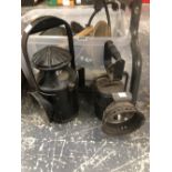 TWO VINTAGE RAIL LANTERNS, A PAIR OF GAS WALL LIGHTS, METAL WARES, ETC.