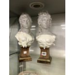 A PAIR OF PORCELAIN ROYAL WORCESTER BUSTS ON MAHOGANY PLINTHS.