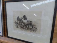 AFTER THOMAS BLINKS. A PENCIL SIGNED PRINT OF PLOUGH HORSES. 27 x 37cms