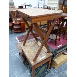 TWO OAK SCHOOL DESKS, THE LARGER. W 61 x D 46 x H 71cms