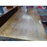 A 19th C. OAK CLEATED SIX PLANK TOPPED REFECTORY TABLE ON SQUARE SECTIONED LEGS. W 196 x D 101 x H