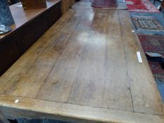 A 19th C. OAK CLEATED SIX PLANK TOPPED REFECTORY TABLE ON SQUARE SECTIONED LEGS. W 196 x D 101 x H