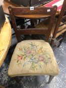 A MARQUETRIED MAHOGANY DINING CHAIR WITH FLORAL WOOL WORK SEAT