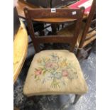 A MARQUETRIED MAHOGANY DINING CHAIR WITH FLORAL WOOL WORK SEAT