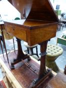 A VICTORIAN ROSEWOOD SWIVEL TOP WORK TABLE, THE SINGLE DRAWER ABOVE FOLIATE CARVED SUPPORTS