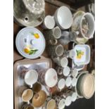 A SELECTION OF DECORATIVE KITCHEN WARES, COFFEE CUPS, ETC.