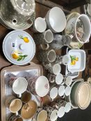 A SELECTION OF DECORATIVE KITCHEN WARES, COFFEE CUPS, ETC.