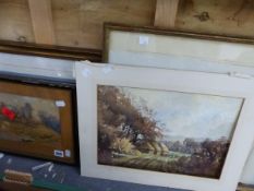 THREE 19th/20th C. LANDSCAPE WATERCOLOURS AND A FLORAL PRINT (3)