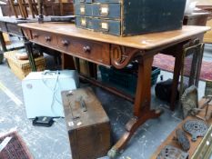 A 19th C. AND LATER MAHOGANY TABLE WITH TWO DRAWER FLANKED BY SCROLLS ABOVE PILASTER ENDS EACH