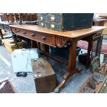 A 19th C. AND LATER MAHOGANY TABLE WITH TWO DRAWER FLANKED BY SCROLLS ABOVE PILASTER ENDS EACH