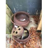 CAST IRON CAULDRON, COOK POT, FOUR SMALL WHEELS AND TWO RAIN HOPPERS