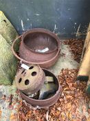 CAST IRON CAULDRON, COOK POT, FOUR SMALL WHEELS AND TWO RAIN HOPPERS