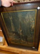 A VINTAGE OAK FRAMED PRINT OF A KNIGHT BY A SHRINE 9 x 43cms