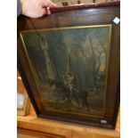 A VINTAGE OAK FRAMED PRINT OF A KNIGHT BY A SHRINE 9 x 43cms