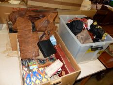 THREE BOXES INCLUDING VINTAGE HANDBAGS, LEATHER JACKETS, BAGPIPES ETC.