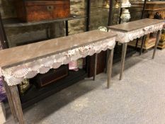 PENNY SUTHERLAND, A PAIR OF GREY FAUX MARBLE PAINTED CONSOLE TABLES, THE APRONS APPLIED WITH SCALLOP