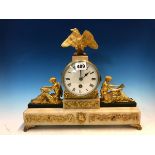 AN ORMOLU AND WHITE MARBLE TIMEPIECE BY JAPY FRERES, THE ENAMEL DIAL SURMOUNTED BY AN EAGLE AND