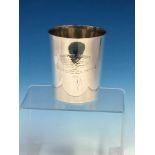 MILITARY INTEREST- A HALLMARKED SILVER BEAKER BY GARRARDS LONDON 1866 WITH GILDED INTERIOR AND