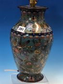 A CHINESE CLOISONNE BLUE GROUND BALUSTER VASE AS A TABLE LAMP, THE VASE. H 30cms.