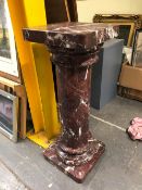 A WHITE MOTTLED RED MARBLE COLUMN, THE CYLINDRICAL SHAPE WITH SQUARE TOP AND FOOT. 36 x 36 x H