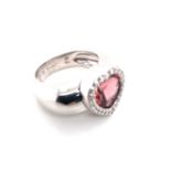 A PIAGET RING. AN 18ct WHITE GOLD PIAGET PINK TOURMALINE AND DIAMOND HEART SHAPE RING. DATED 1997,