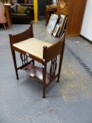 AN EDWARDIAN LINE INLAID MAHOGANY TWO TIER STOOL, THE BOARDED NARROW SIDES ABOVE THREE BARS