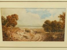 CIRCLE OF DAVID COX (19th.C. ENGLISH SCHOOL) FIGURES ON A RURAL TRACK . WATERCOLOUR. 19 x 31cms