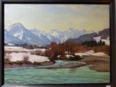 RUPERT SCHRAUDOLPH (1887-1978) ARR. A MOUNTAIN RIVER LANDSCAPE, SIGNED, OIL ON CANVAS. 61 x 81cms