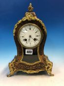 A LATE 19th C.BOULLE CASED CLOCK STRIKING ON A COILED ROD, THE CIRCULAR ENAMEL DIAL BELOW A