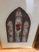 19th/20th. C. ENGLISH SCHOOL. A WATERCOLOUR DESIGN FOR A THREE LIGHT STAINED GLASS WINDOW. CHRIST