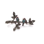 TWO ANTIQUE SWEETHEART BROOCHES. ONE TURQUOISE AND MARCASITE EXAMPLE WITH LOVE BIRDS ON A BRANCH