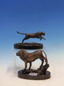MICK SIMPSON AFTER DAVID SHEPHERD, A BRONZE FIGURE OF A LION. W 15cms. TOGETHER WITH A BRONZE FIGURE
